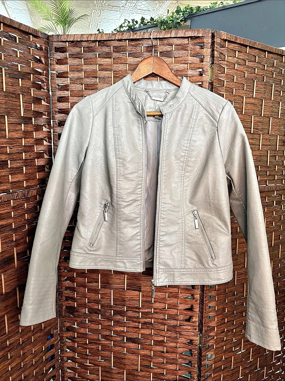 Faux Leather Moto Jacket in Gray Size Small